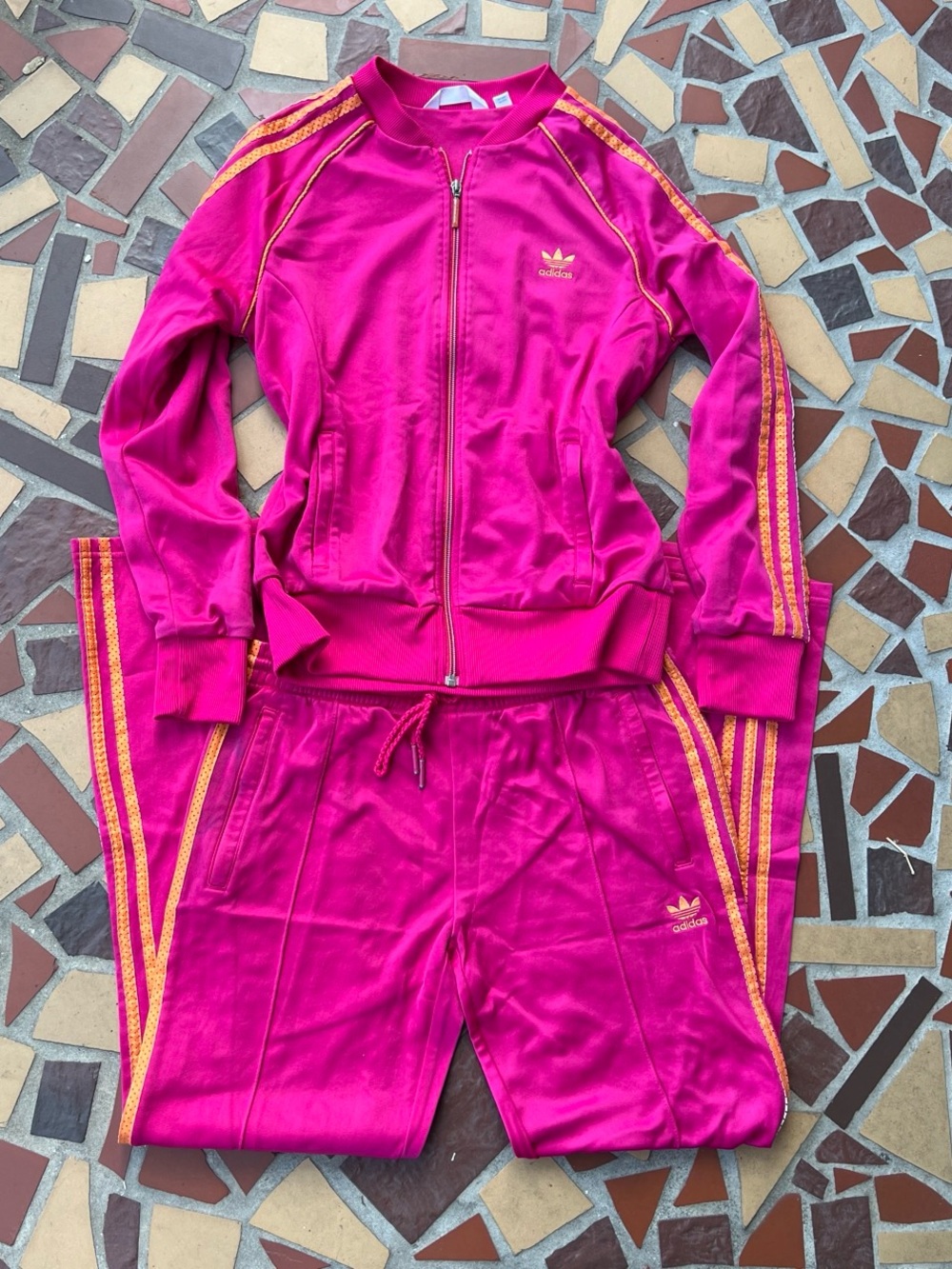 Y2K Adidas Bright Pink Track Jacket & Pants with Orange Stripes